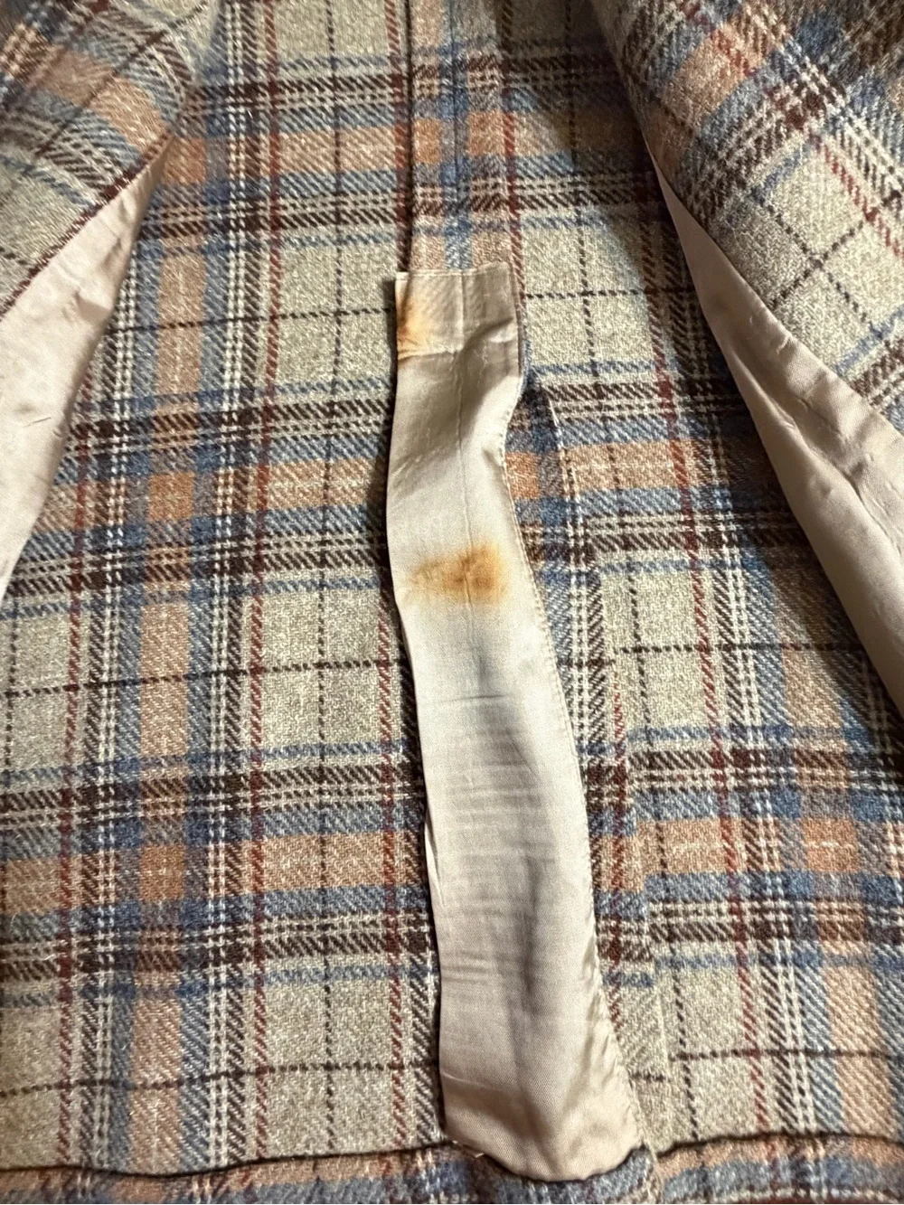 Vintage Wool Tweed Blazer 46R Brown Blue Tan Windowpane Plaid Mens Sport Coat 33